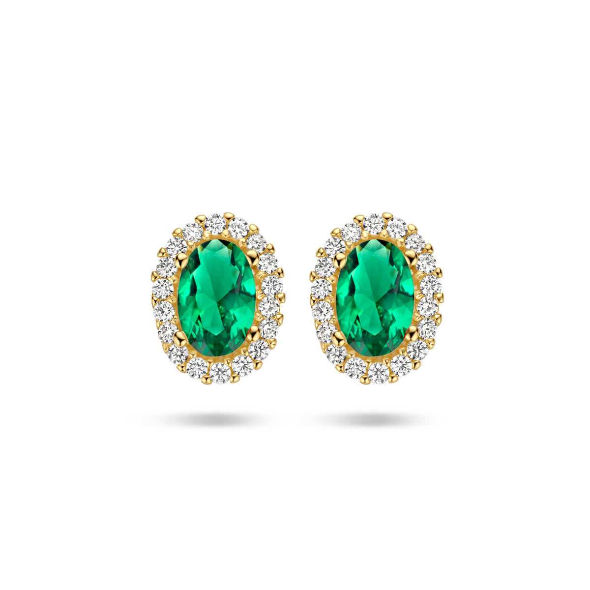 Oorknoppen groen en wit zirkonia halo 14k geelgoud