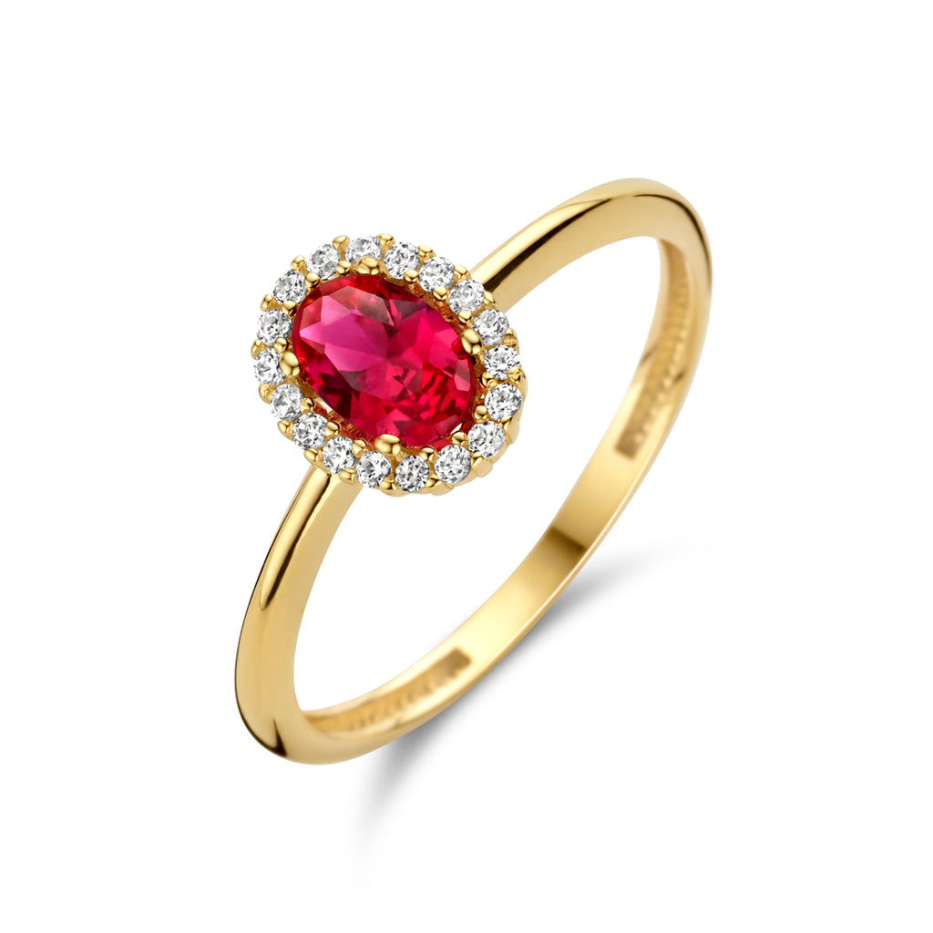 Ring rood en wit zirkonia halo 14k geelgoud