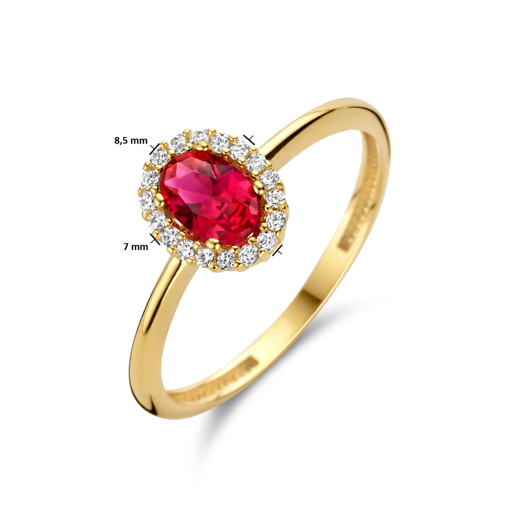 Ring rood en wit zirkonia halo 14k geelgoud