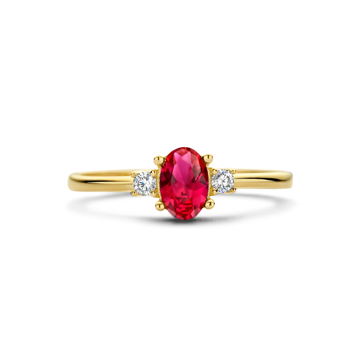 Ring trilogie rood en wit zirkonia 14k geelgoud
