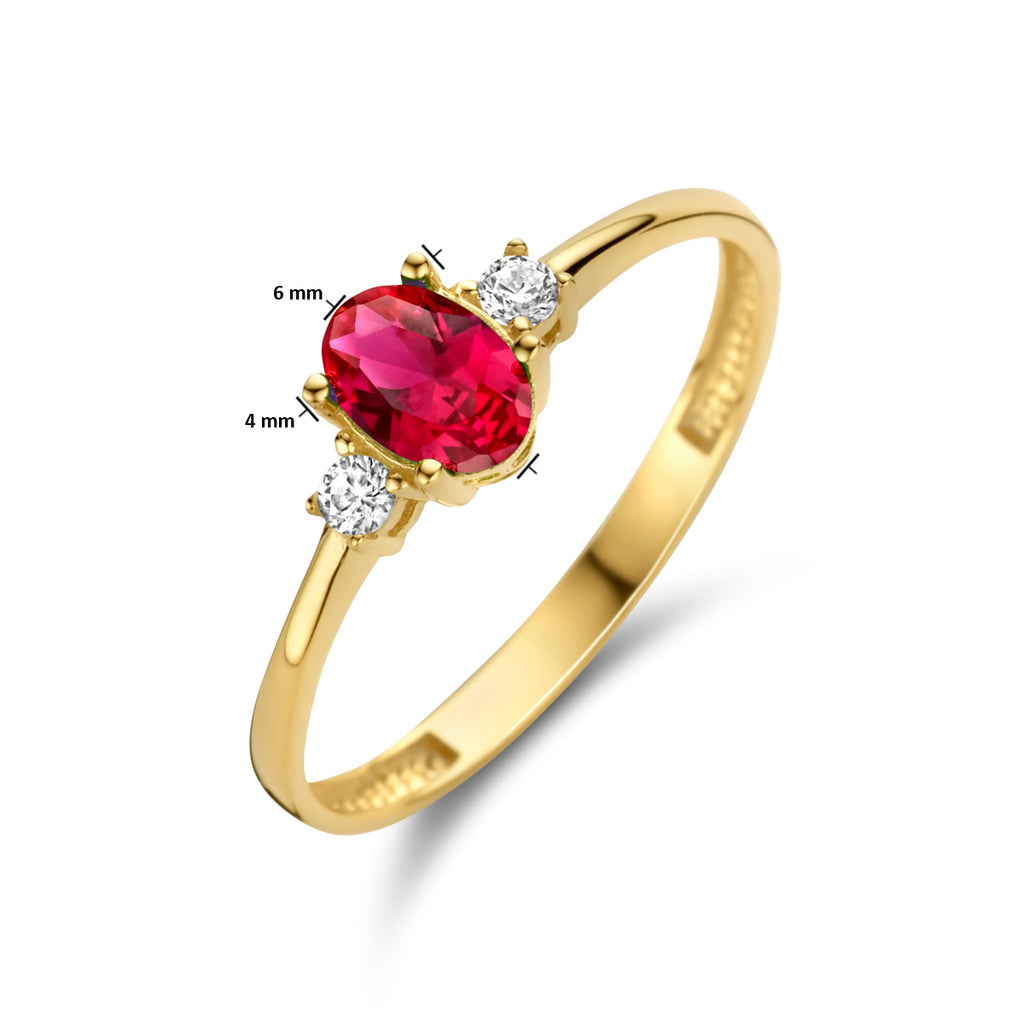 Ring trilogie rood en wit zirkonia 14k geelgoud
