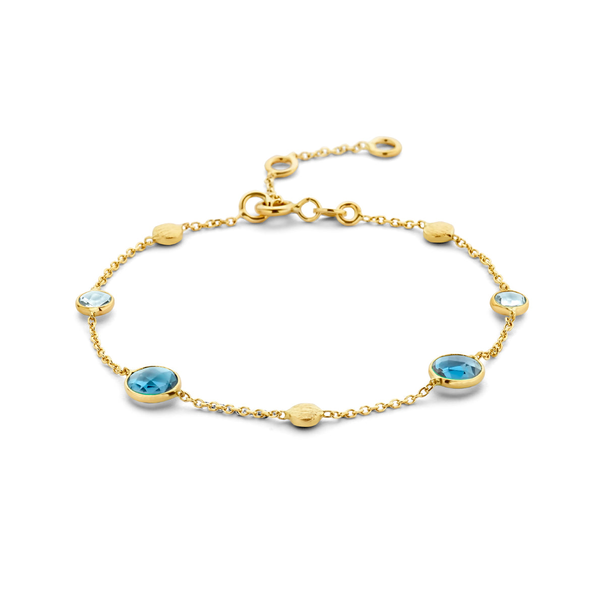Armband london blue en blauw topaas en rondjes 16 - 17,5 - 19 cm 14k geelgoud