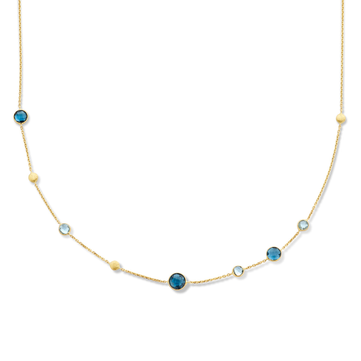 Collier london blue en blauw topaas en rondjes 41 - 43 - 45 cm 14k geelgoud