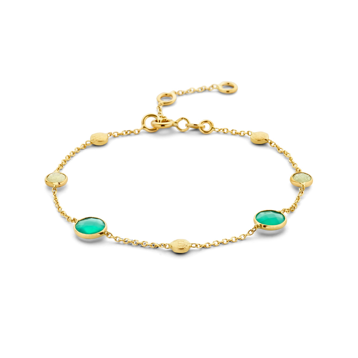 Armband groen agaat, kwartsiet en rondjes 16 - 17,5 - 19 cm 14k geelgoud