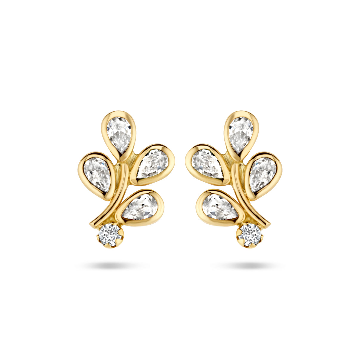 Oorknoppen blad zirkonia 14k geelgoud