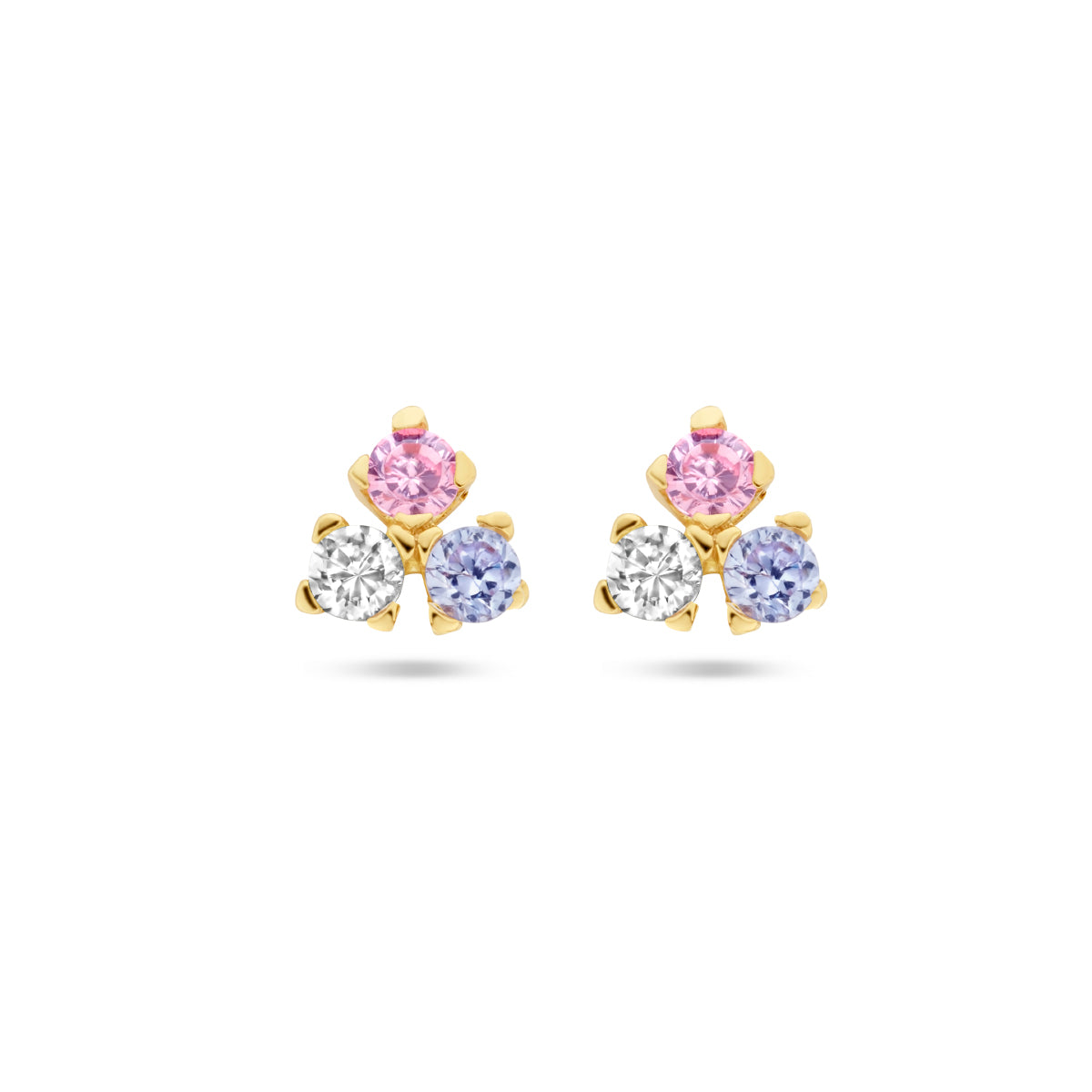 Oorknoppen blauw, roze en wit zirkonia 14k geelgoud