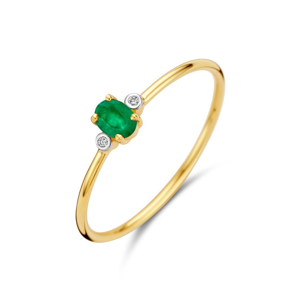 Ring trilogie smaragd en diamant 0.006ct h p1 14k geelgoud
