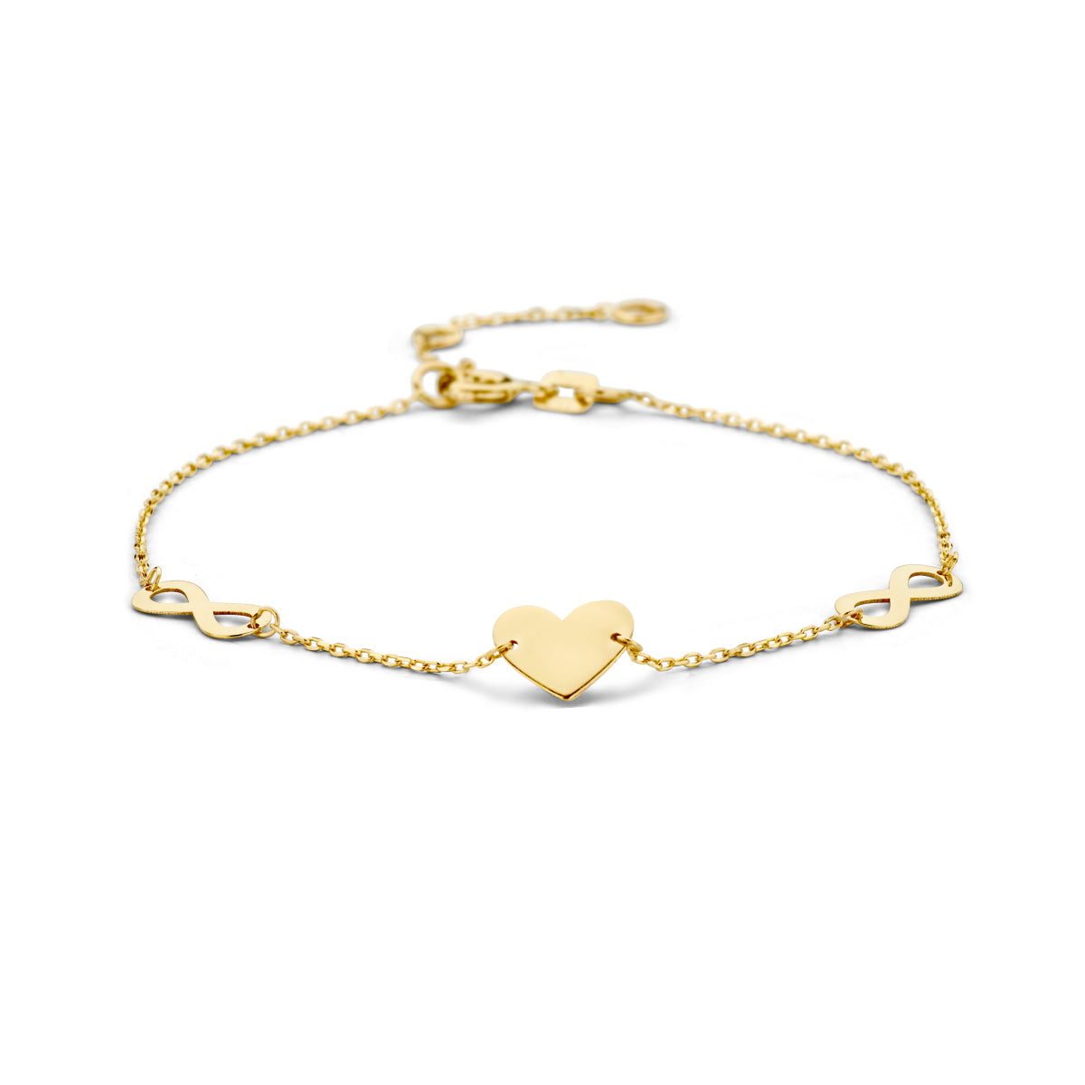 Armband hart en infinity 15,5 - 17 - 18,5 cm 14k geelgoud