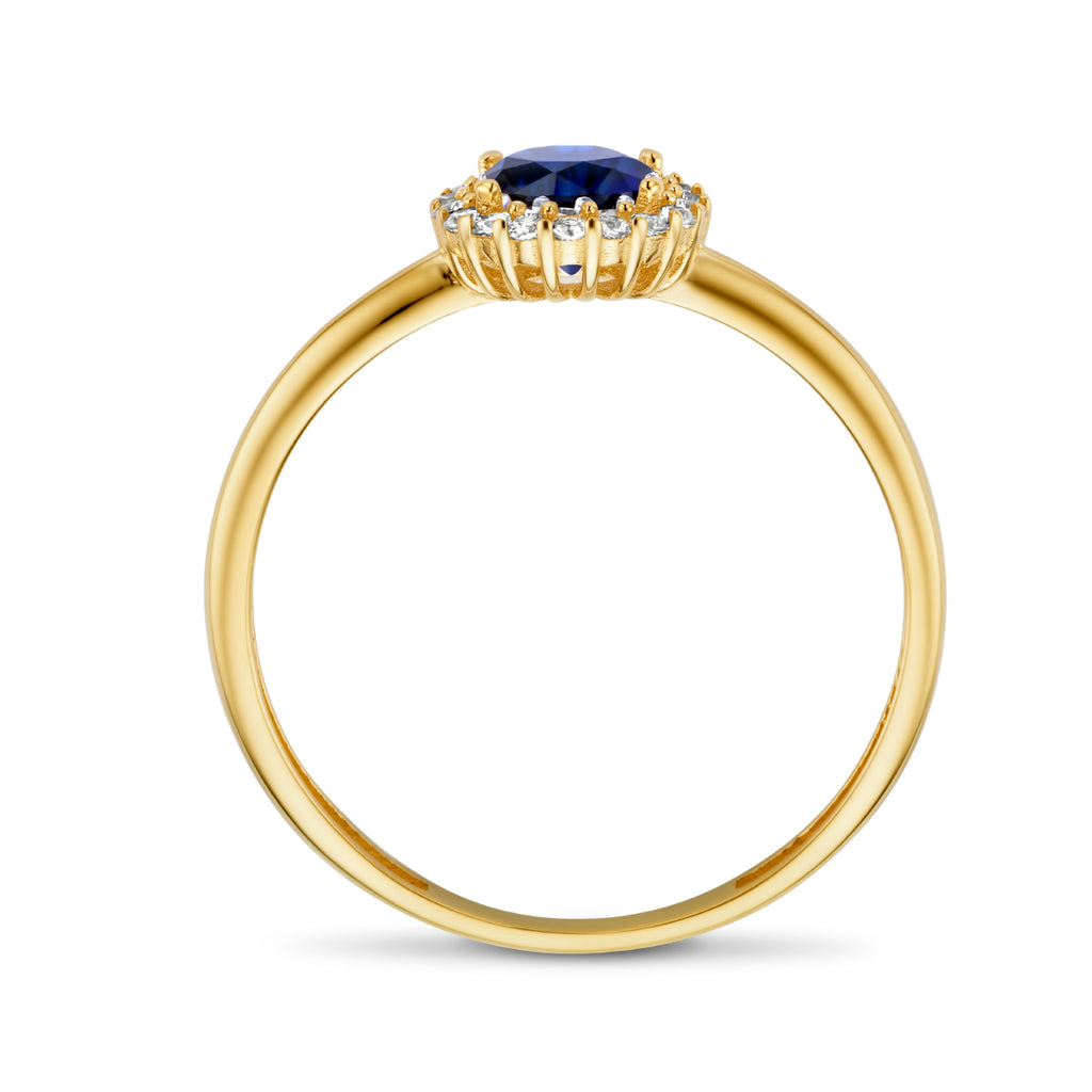 Ring saffier zirkonia halo 14k geelgoud