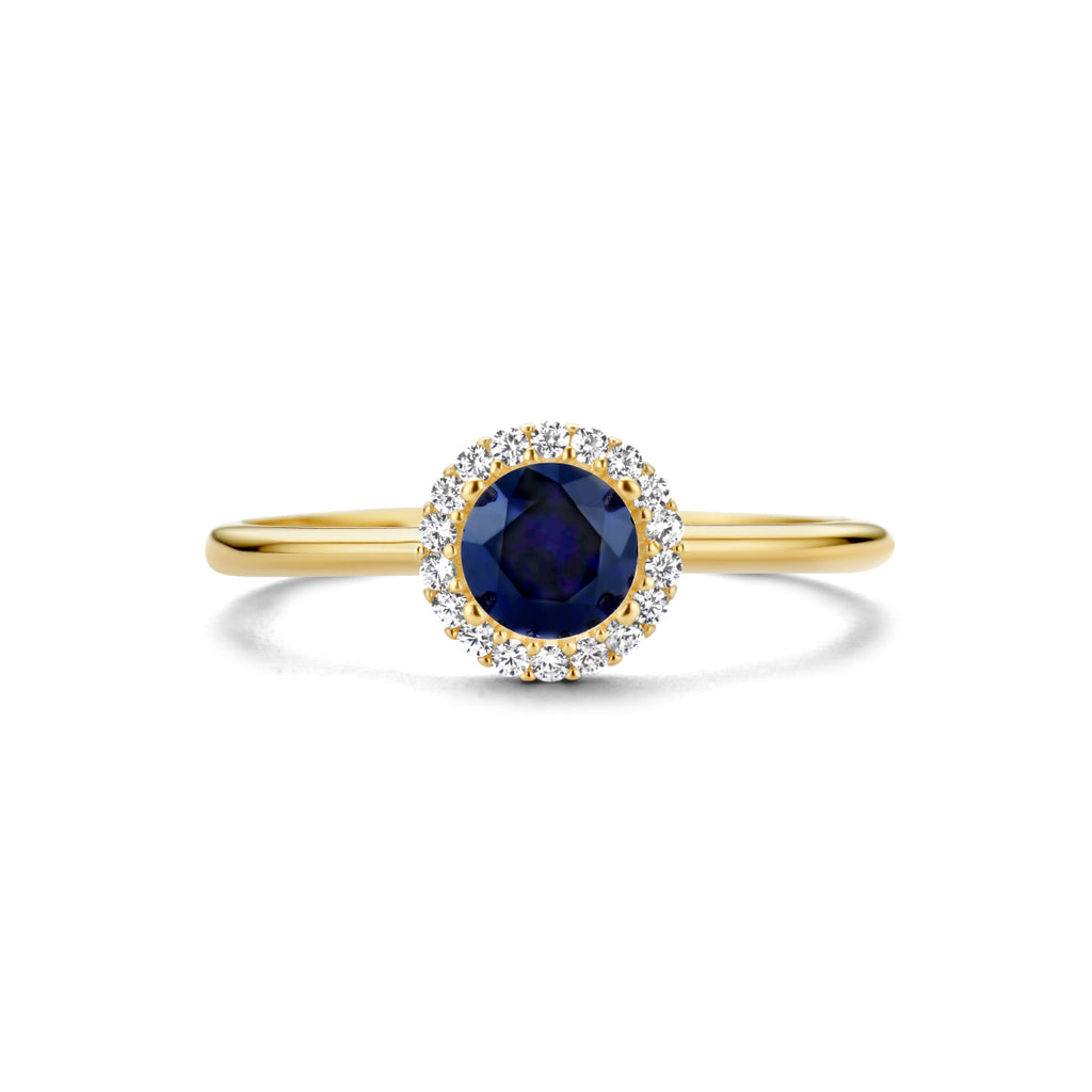 Ring saffier zirkonia halo 14k geelgoud
