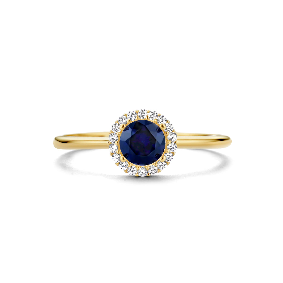 Ring saffier zirkonia halo 14k geelgoud