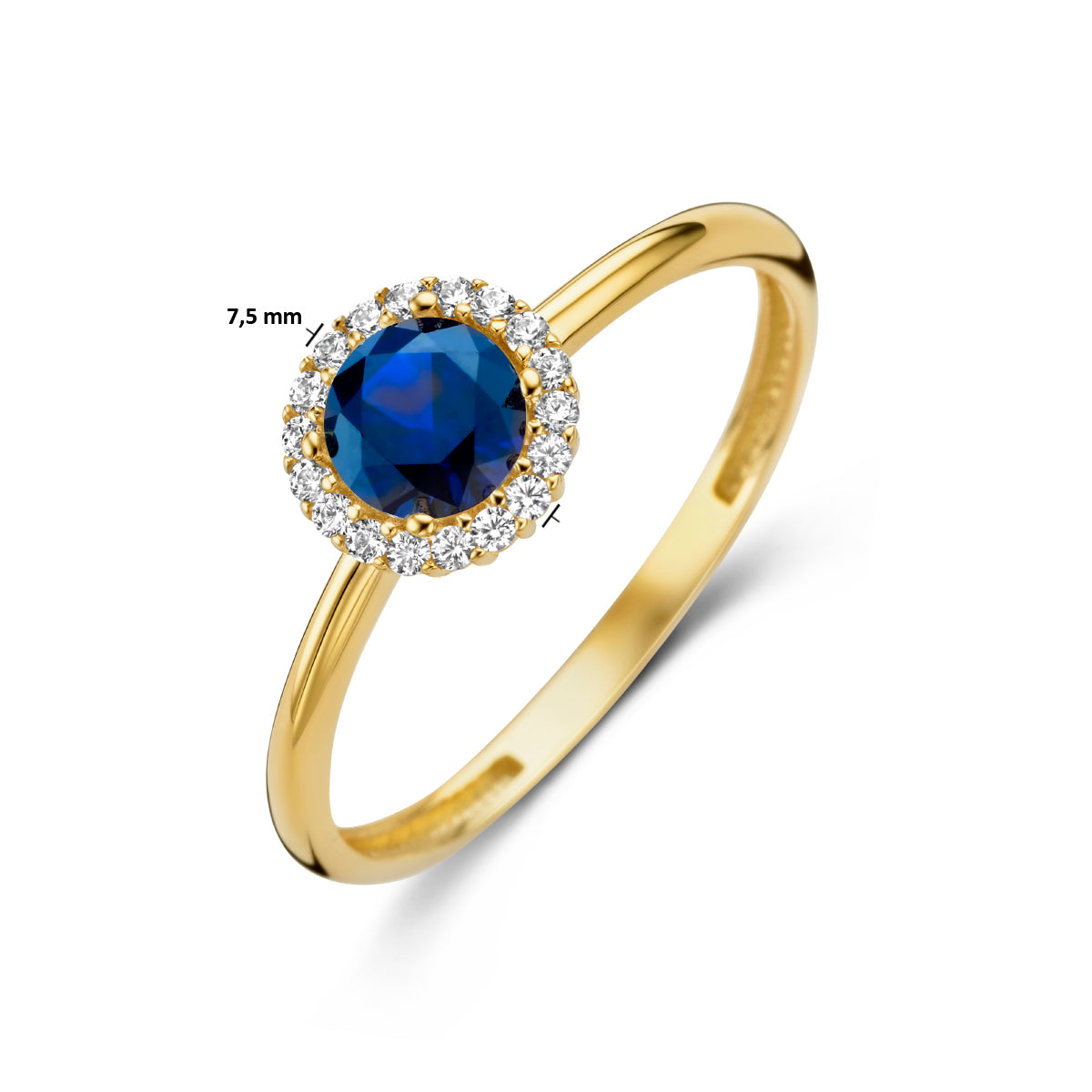 Ring saffier zirkonia halo 14k geelgoud