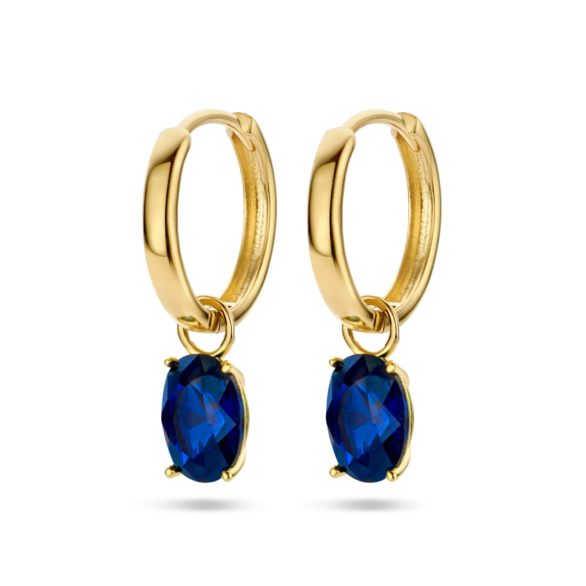 Klapoorringen blauw zirkonia 14k geelgoud