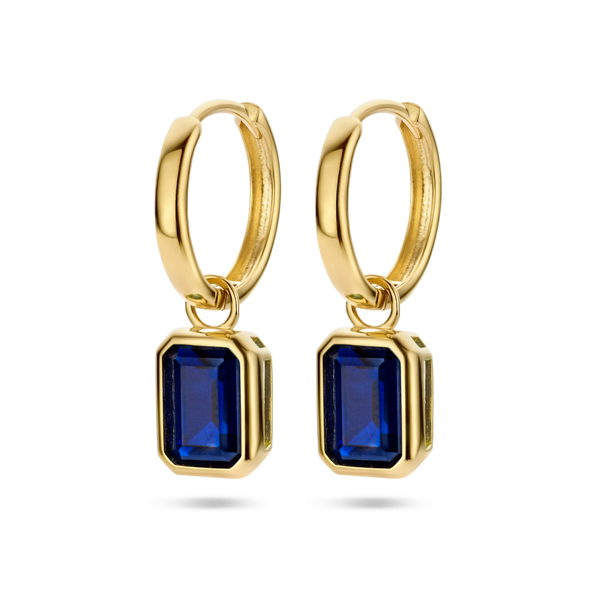 Klapoorringen blauw zirkonia 14k geelgoud