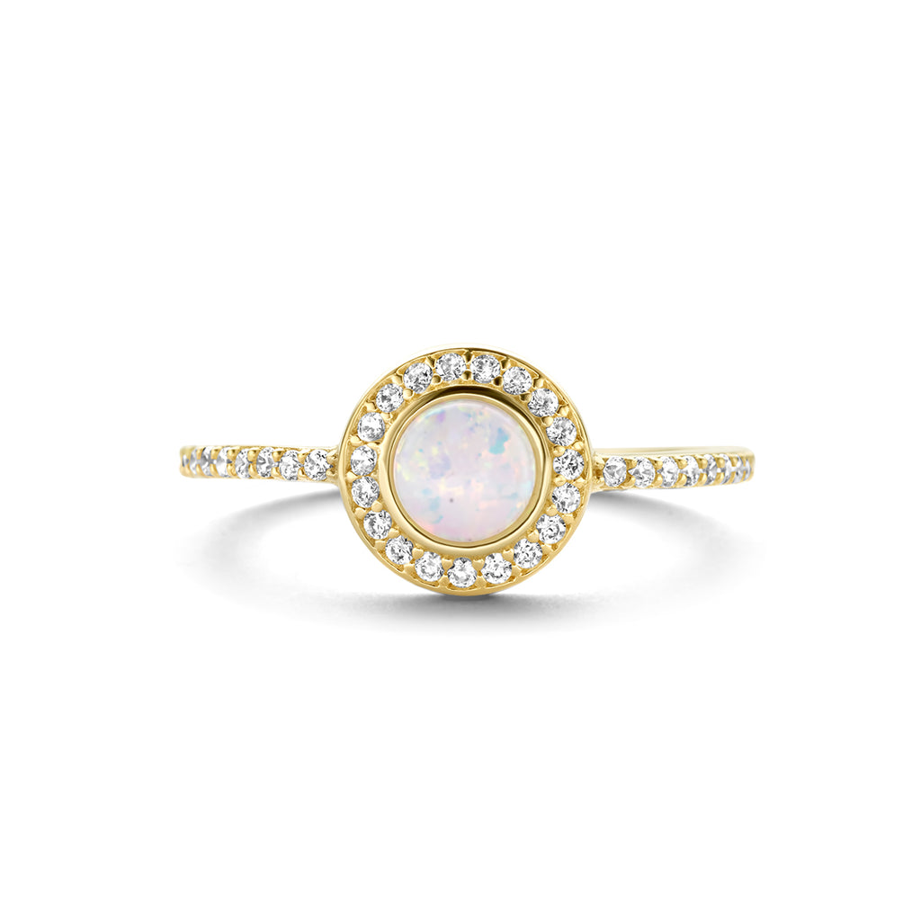 Ring synth. opaal en zirkonia halo 14k geelgoud