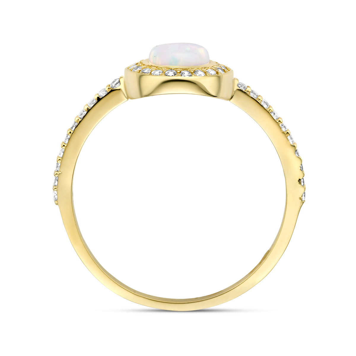 Ring synth. opaal en zirkonia halo 14k geelgoud