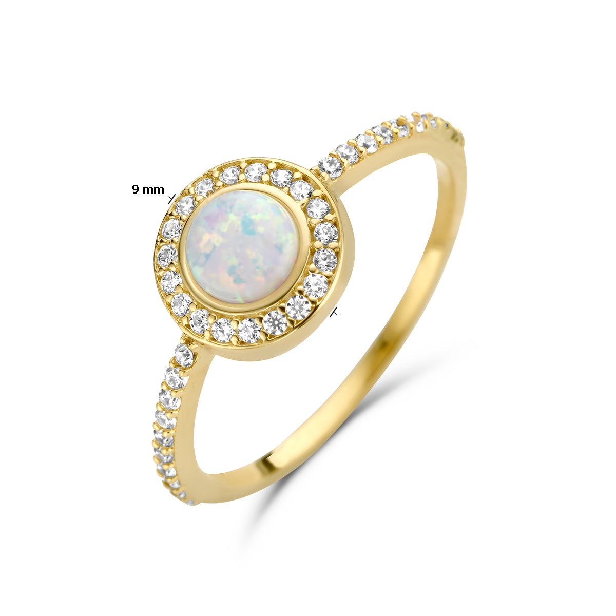 Ring synth. opaal en zirkonia halo 14k geelgoud