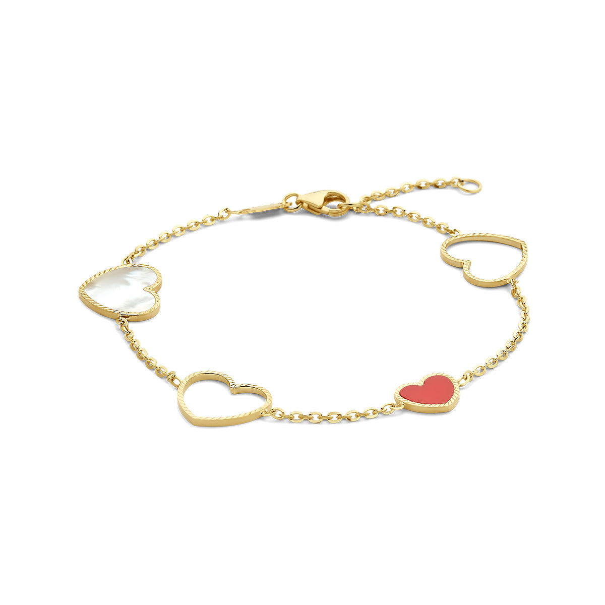 Armband hartjes, parelmoer en rode epoxy 16 - 18 cm 14k geelgoud