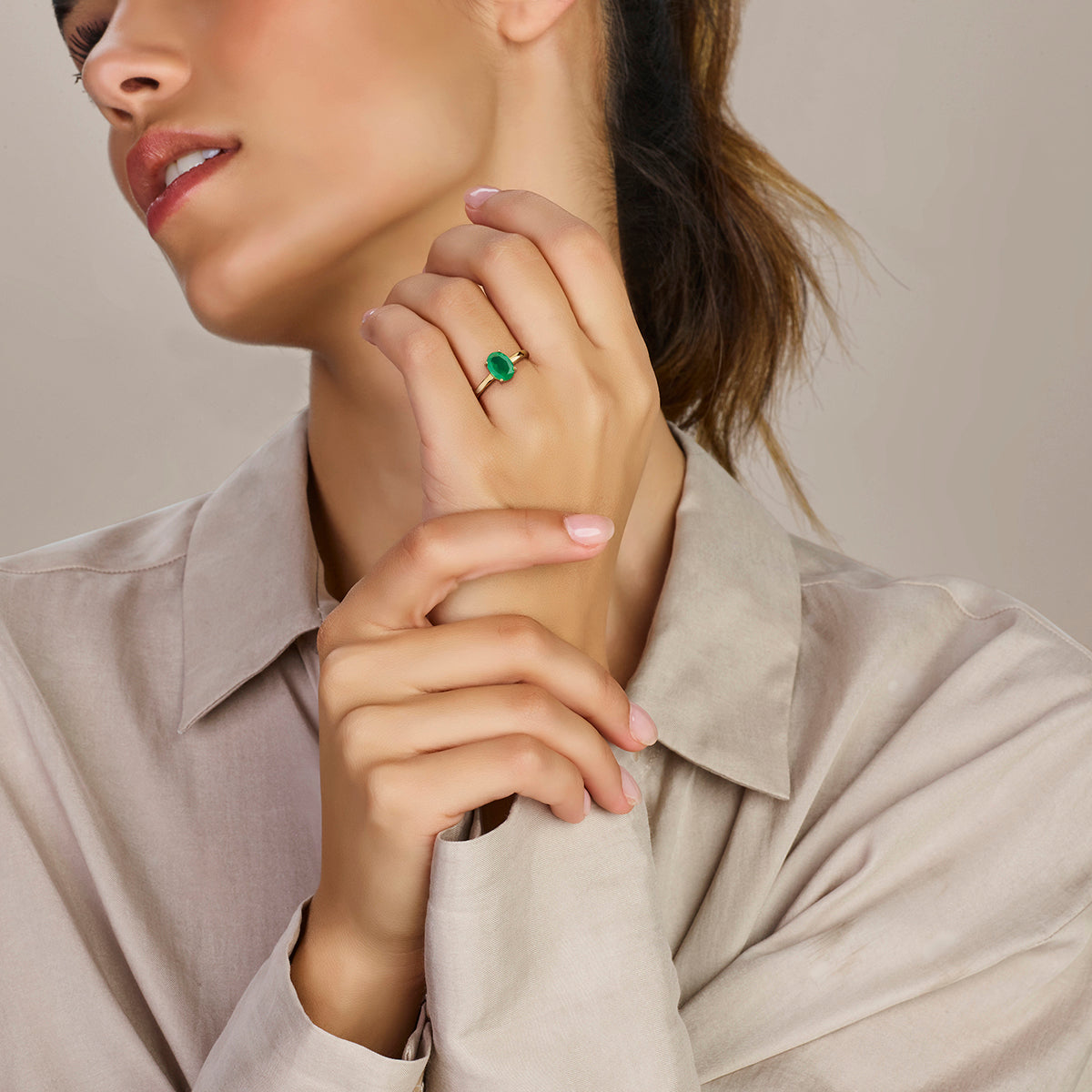 Ring groen agaat 14k geelgoud