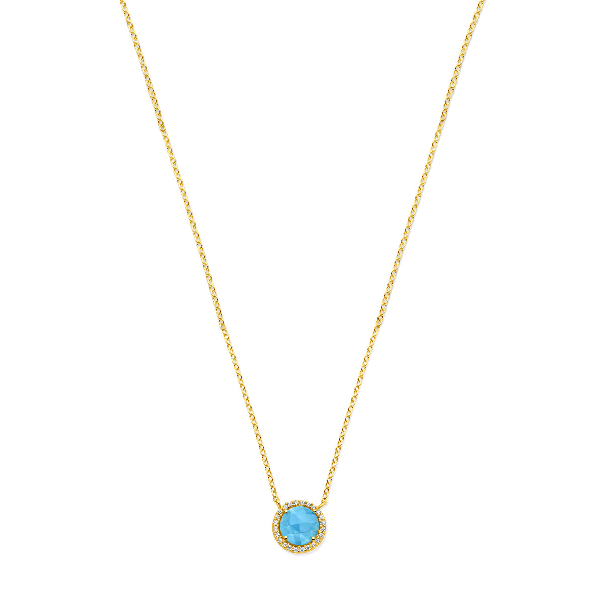 Collier aquamarijn en zirkonia 43 - 45 cm halo 14k geelgoud