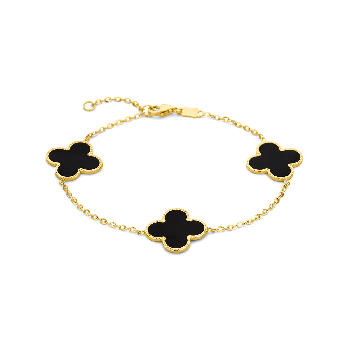 Armband klavertje 4 onyx 16 - 18 cm 14k geelgoud