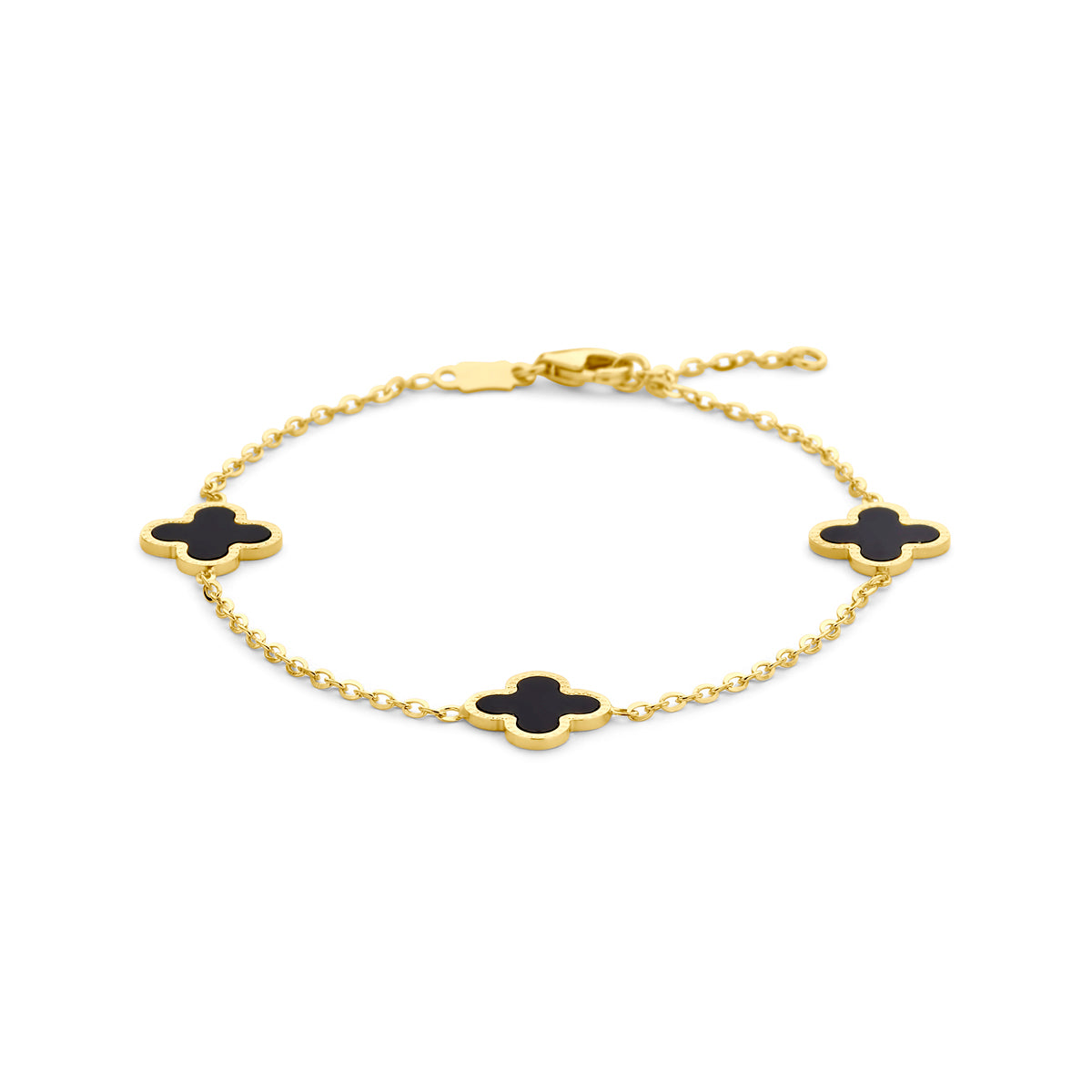 Armband klavertje onyx 16-18 cm 14k geelgoud