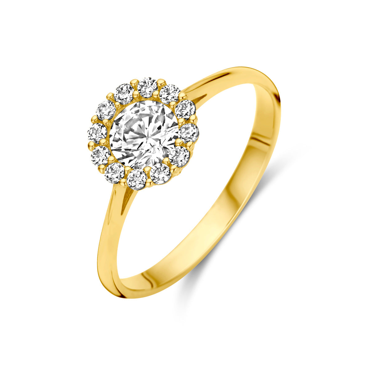 Ring zirkonia halo 14k geelgoud