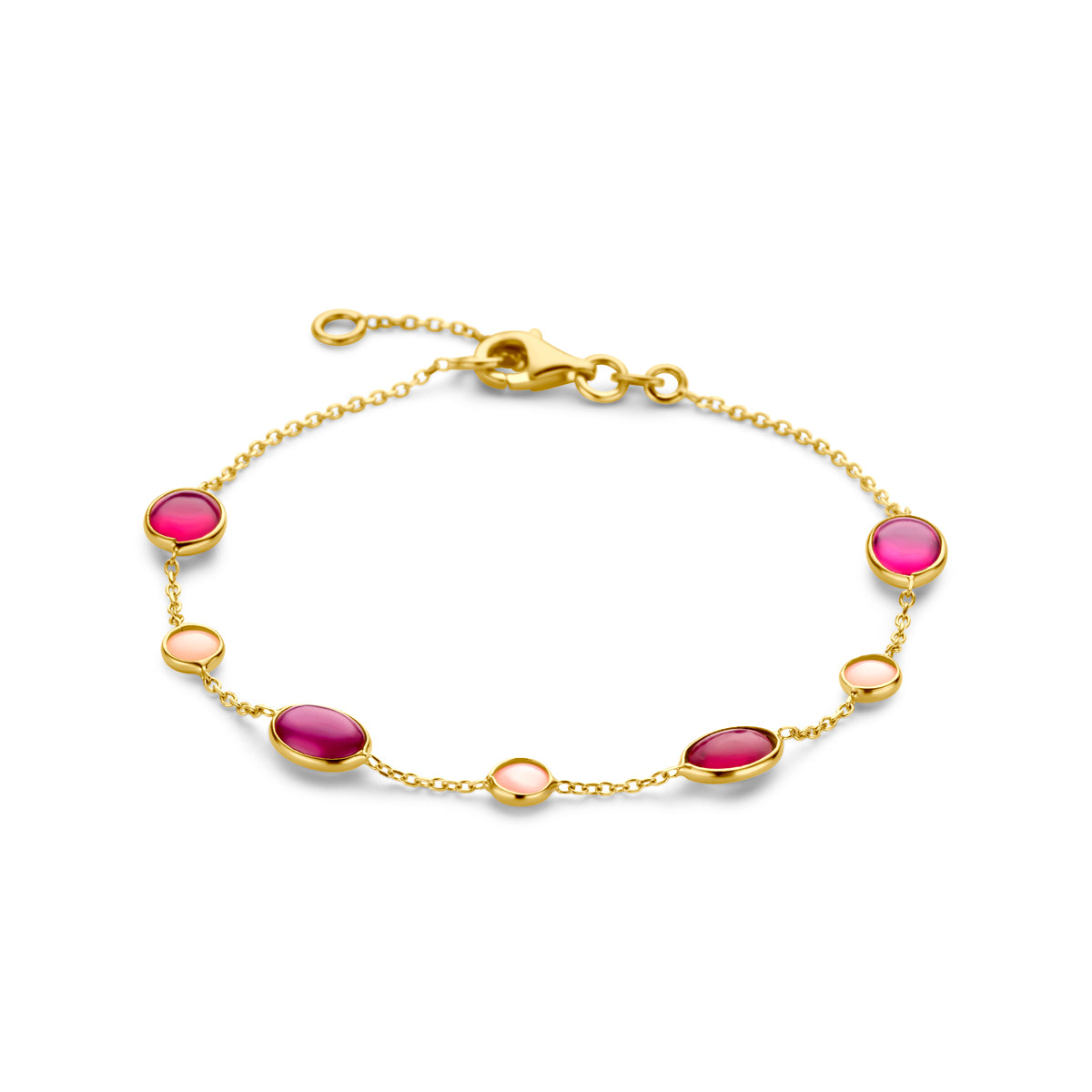 Armband roze opaal en robijn 17 - 19 cm 14k geelgoud