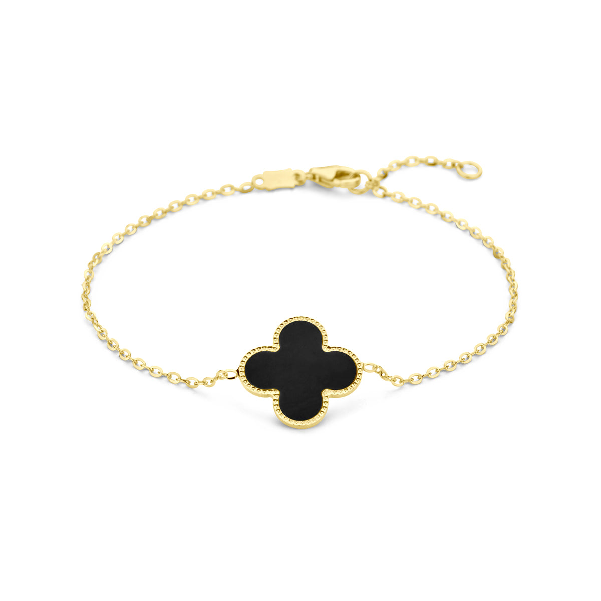 Armband klavertje onyx 16 – 18 cm 14k geelgoud