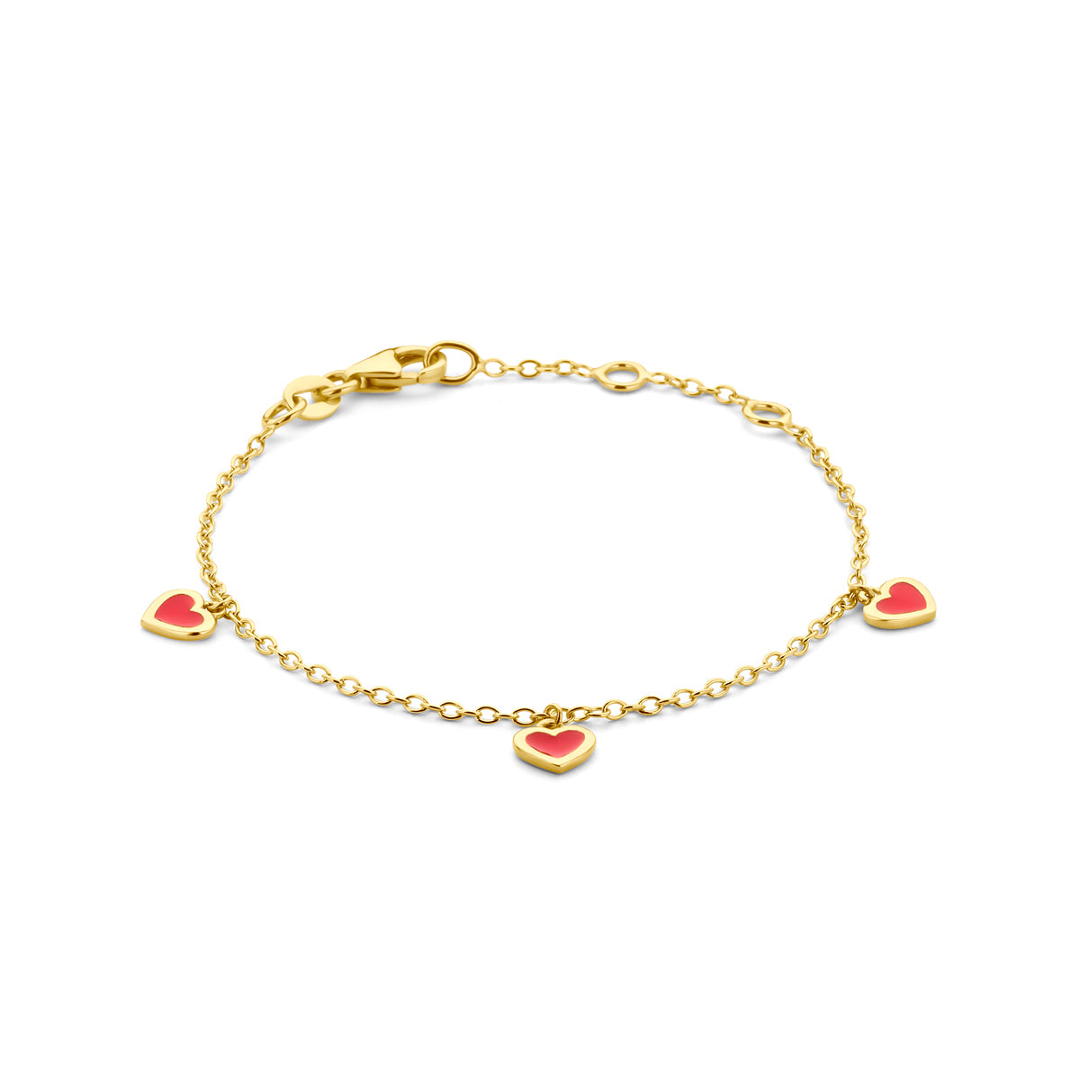 Armband hartjes rood emaille 11 - 12 cm 14k geelgoud