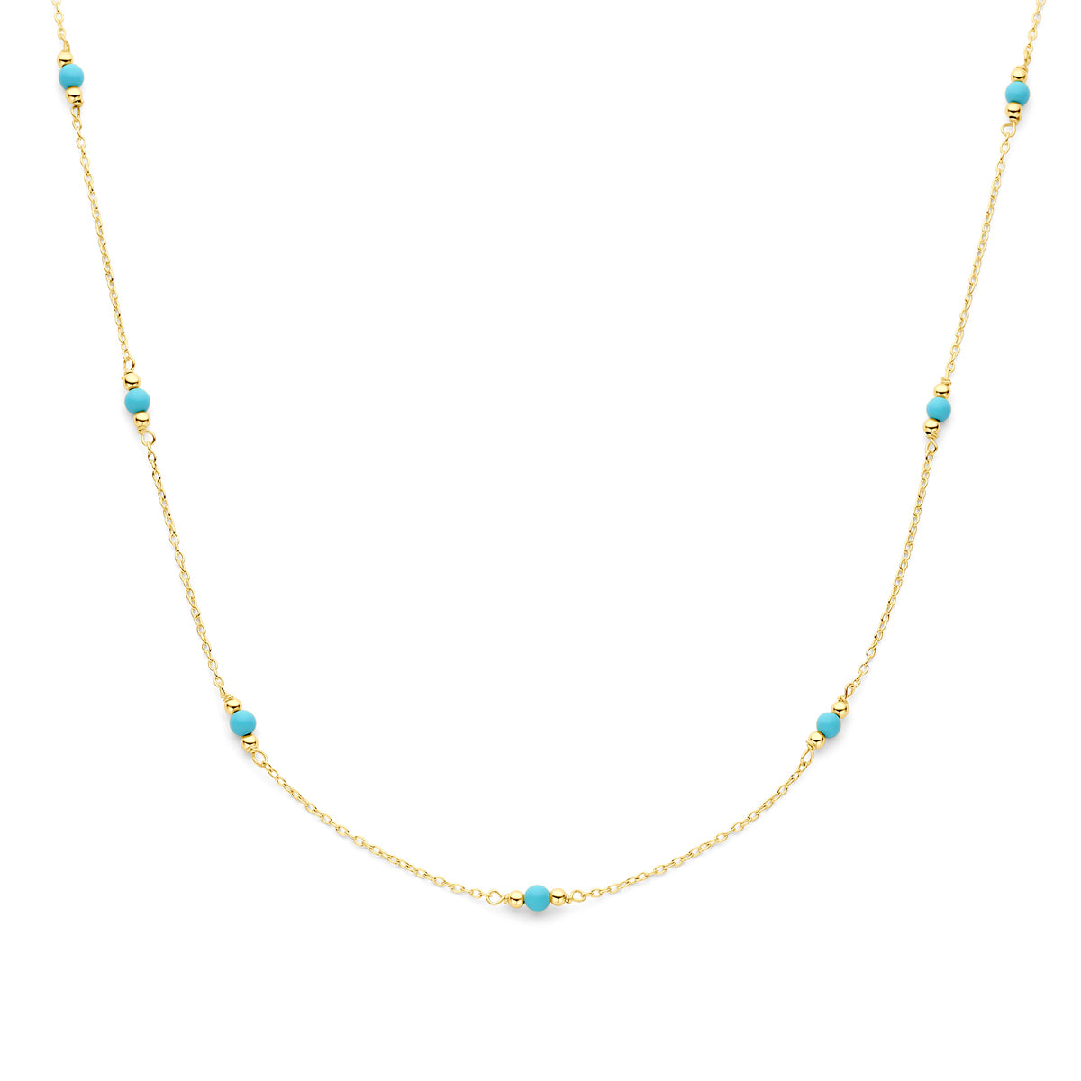 Collier bolletjes turquoise 36 - 40 cm 14k geelgoud