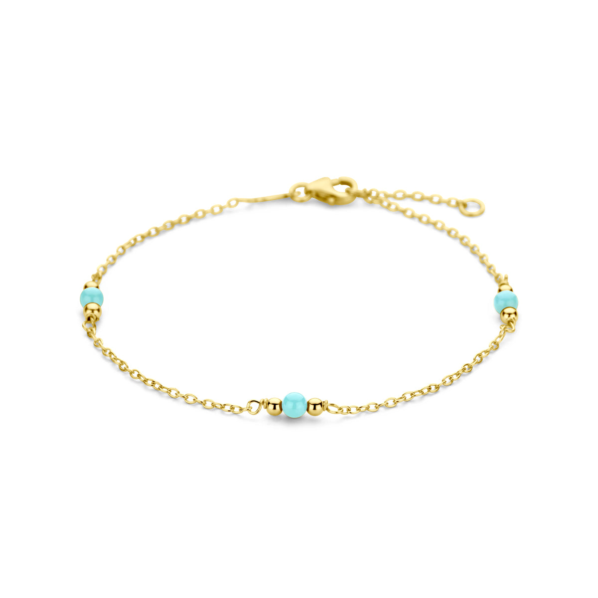 Armband bolletjes turquoise 16 - 18 cm 14k geelgoud