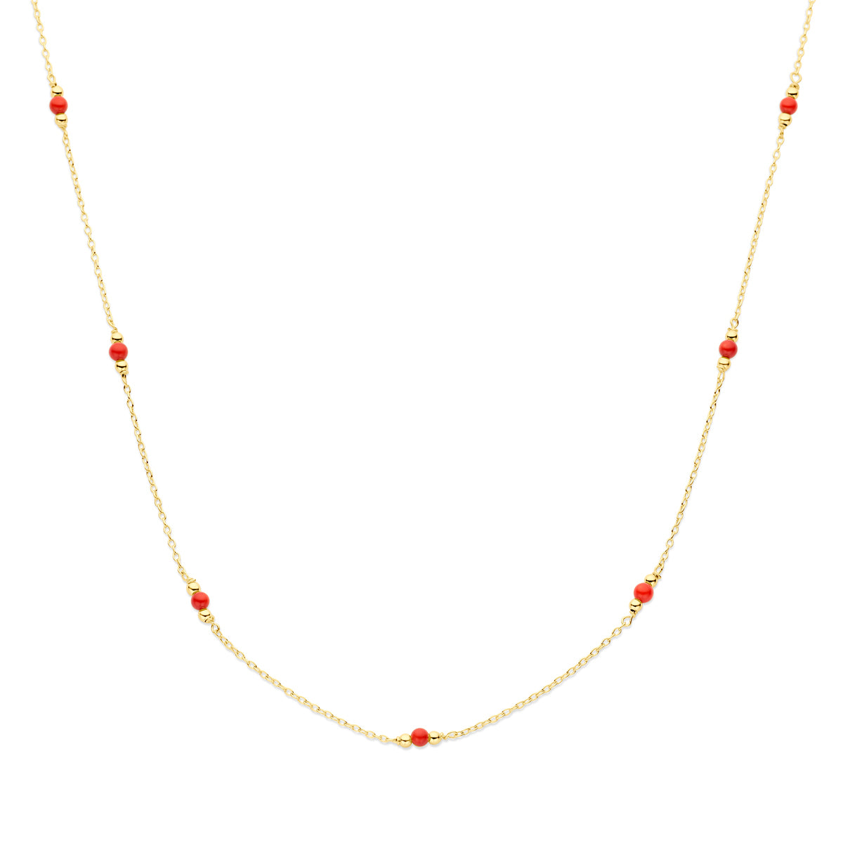 Collier bolletjes met synth. koraal 36 - 40 cm 14k geelgoud