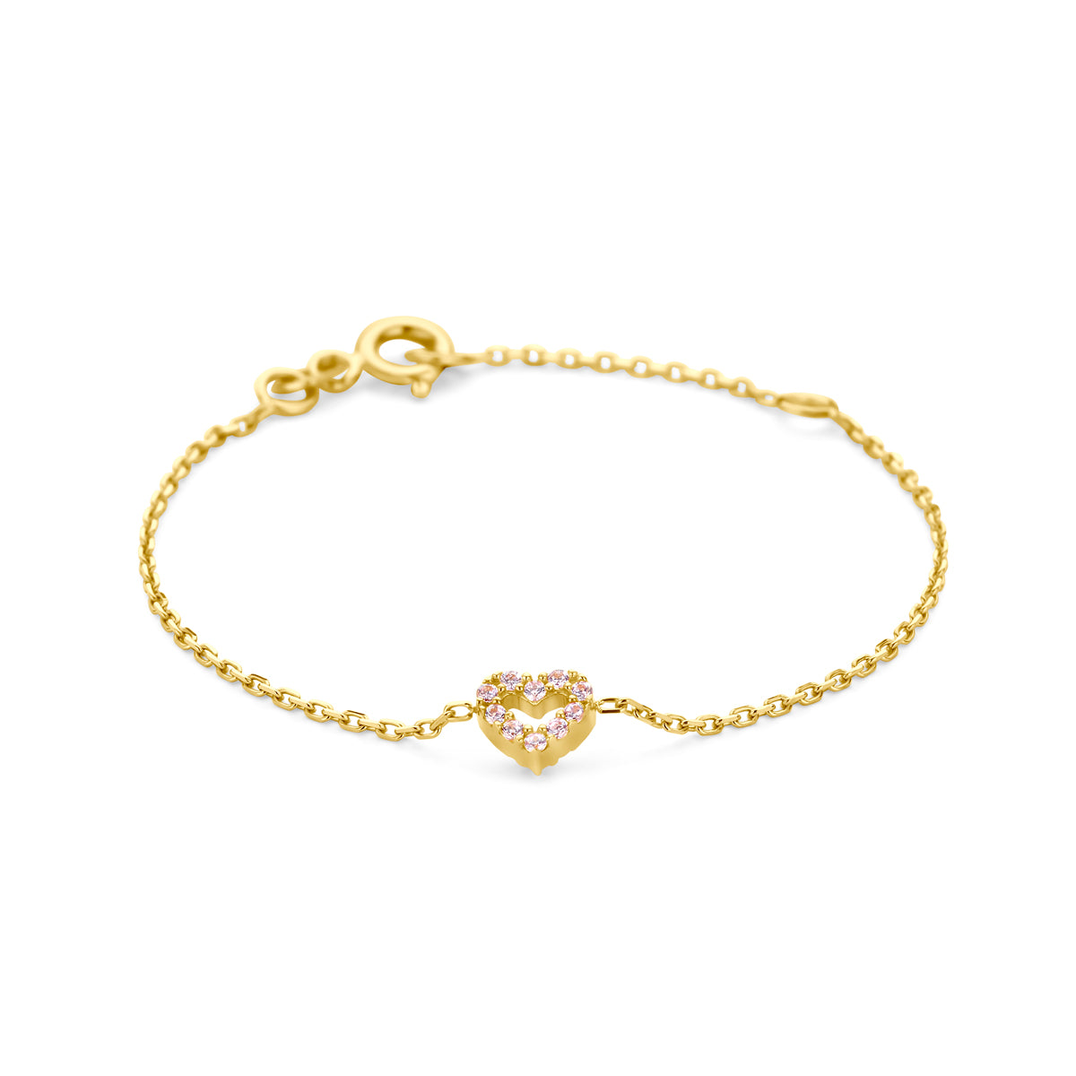 Armband hart roze zirkonia 11 + 2 cm 14k geelgoud