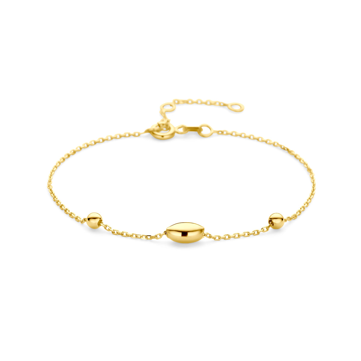 Armband ovaaltje en bolletjes 16 - 17,5 - 19 cm 14k geelgoud