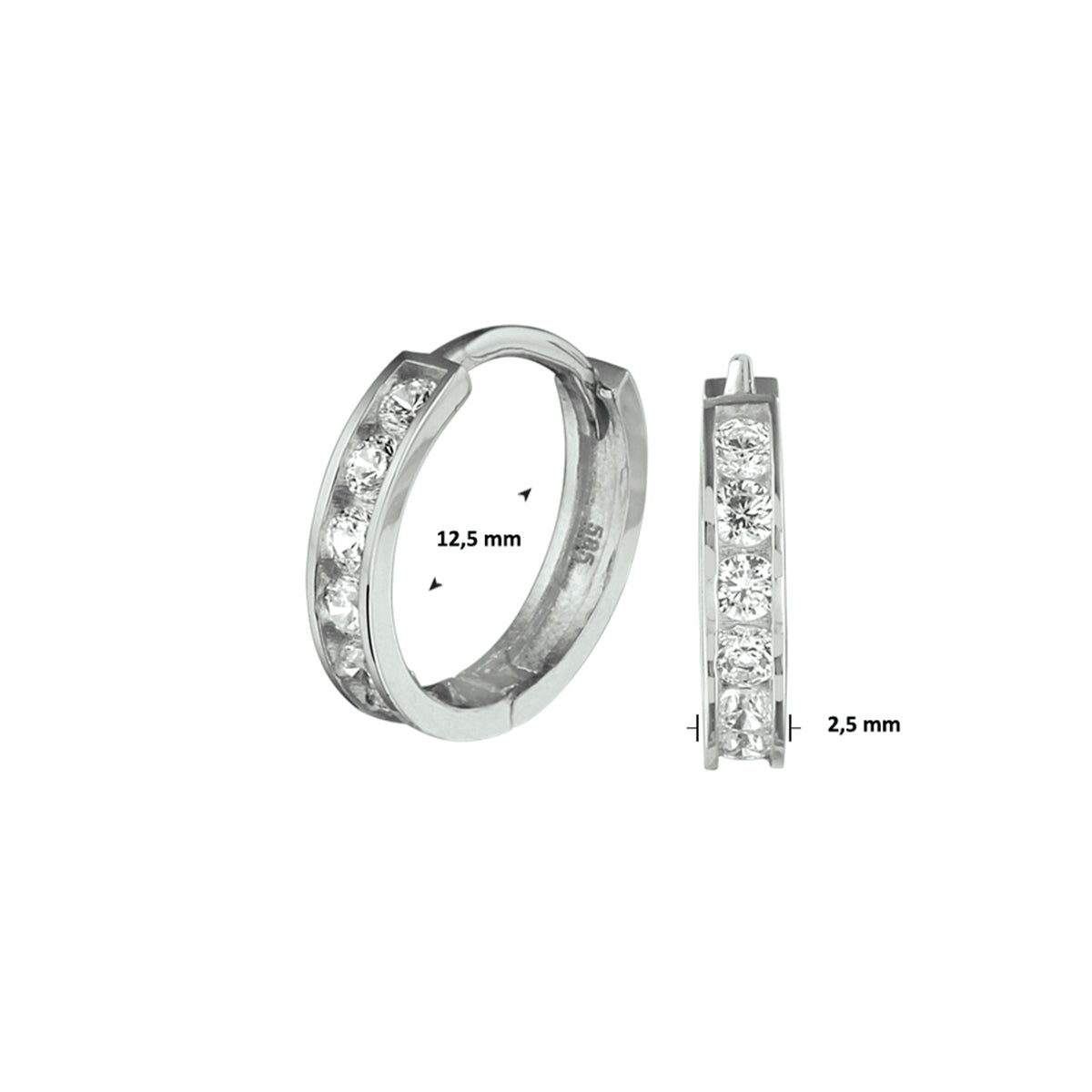Klapoorringen zirkonia 14k witgoud