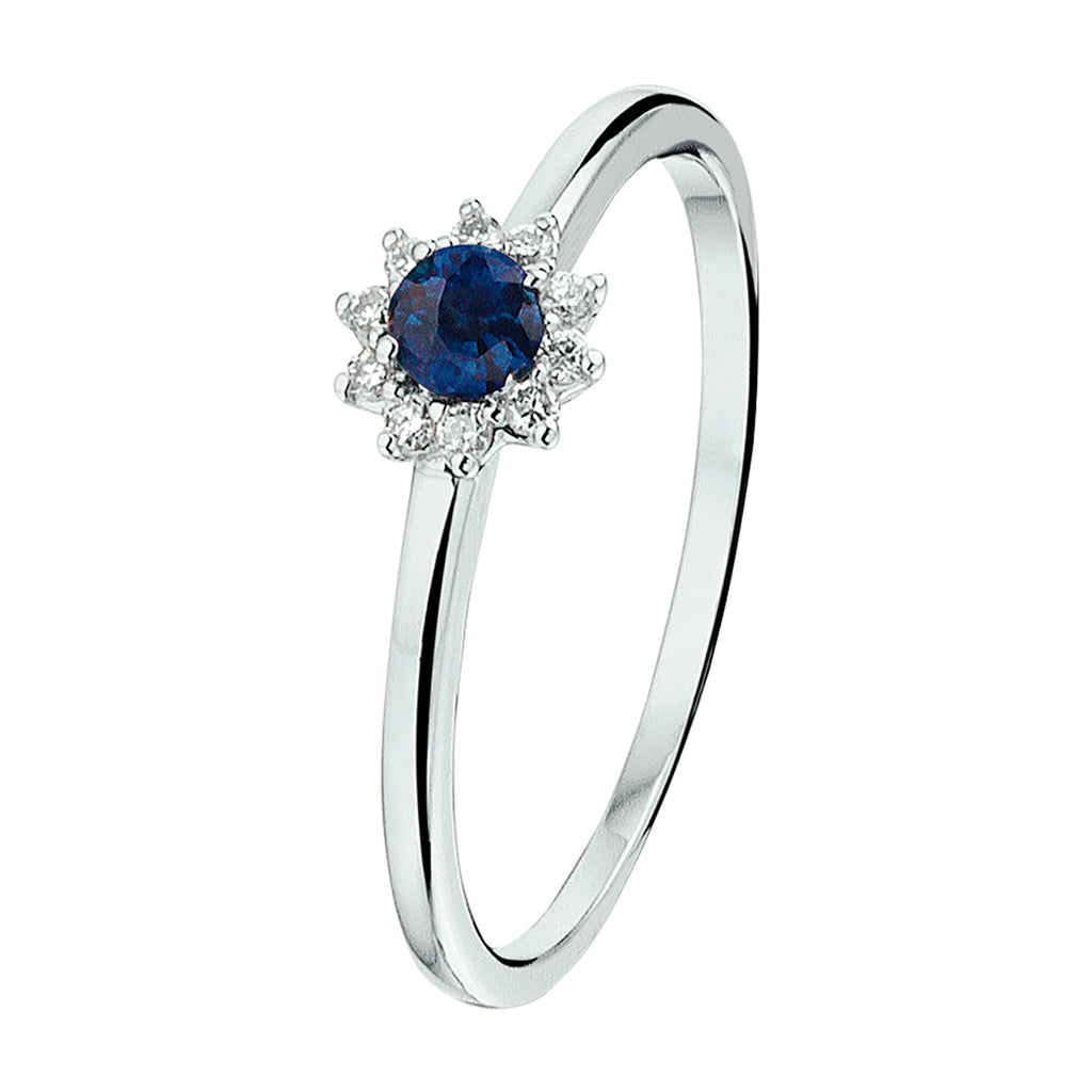 Ring saffier en diamant 0.07ct h p1 halo 14k witgoud