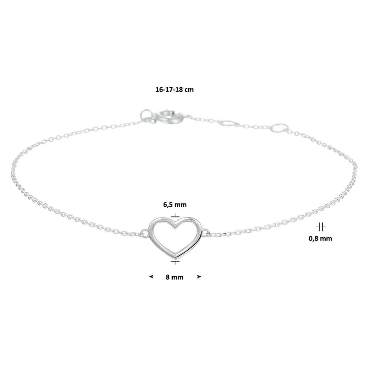 Armband hart 0,8 mm 16 - 17 - 18 cm 14k witgoud