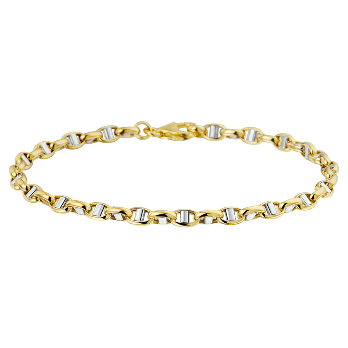 Armband jasseron ovaal met balkje 3,5 mm 14k bicolor goud geel/wit