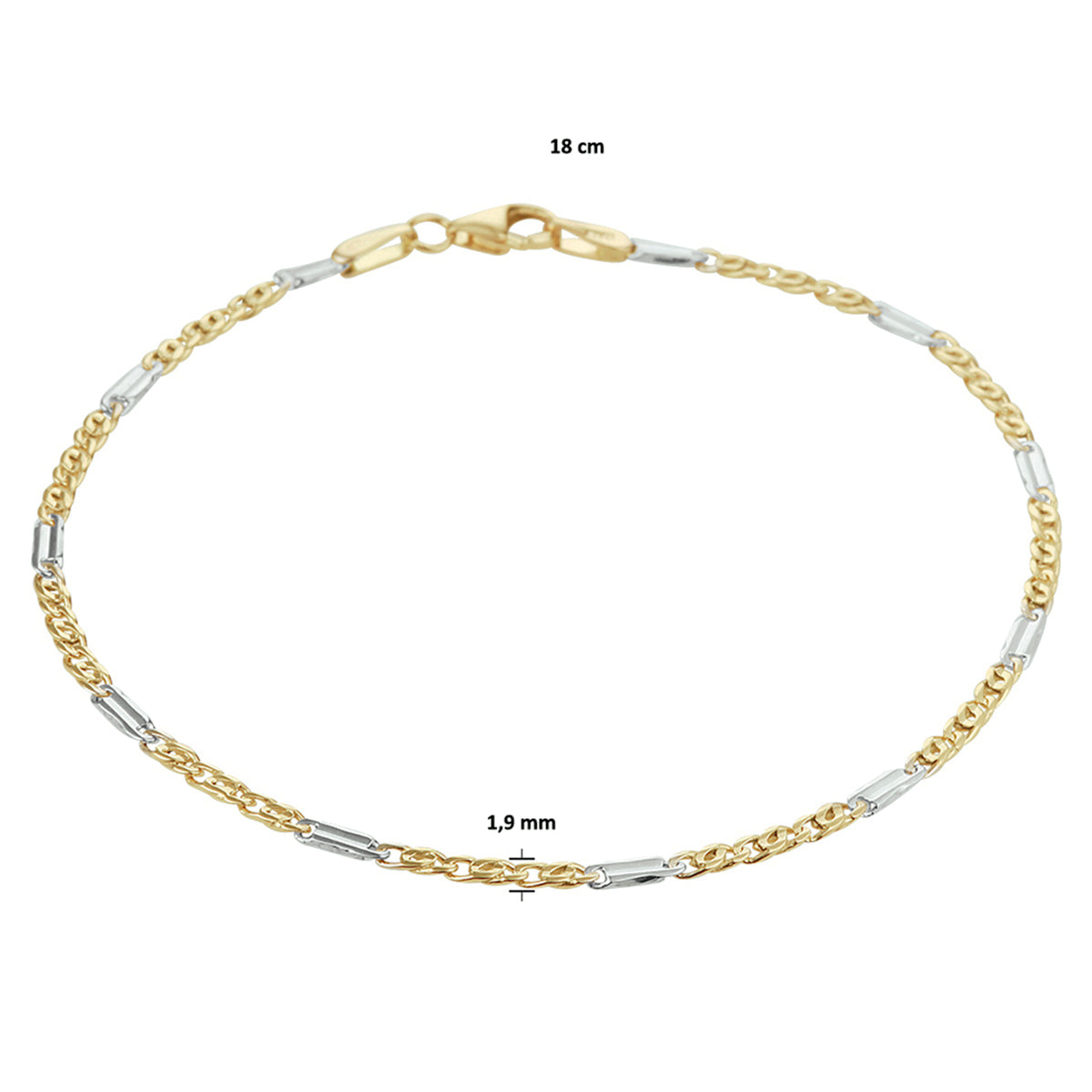 Armband valkenoog met tussenstuk 1,9 mm 14k bicolor goud geel/wit