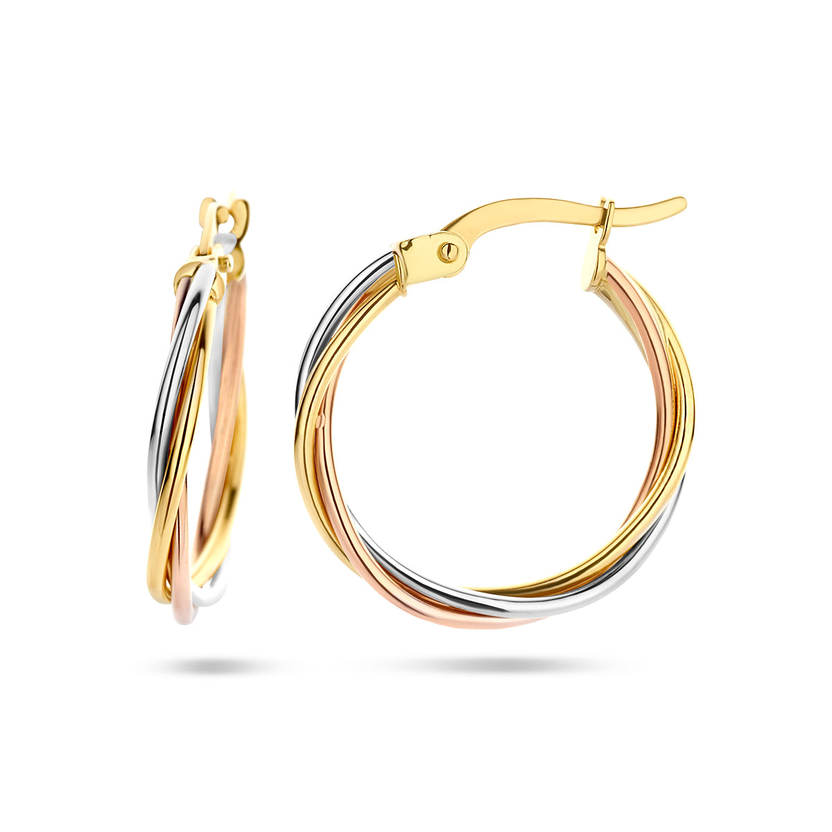 Oorringen gedraaide buis 14k tricolor goud