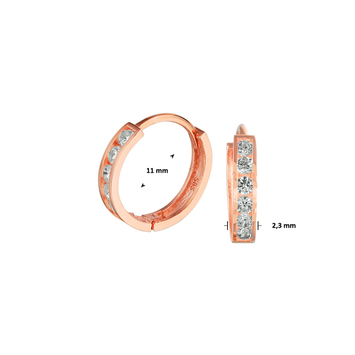 Klapoorringen zirkonia 14k roségoud