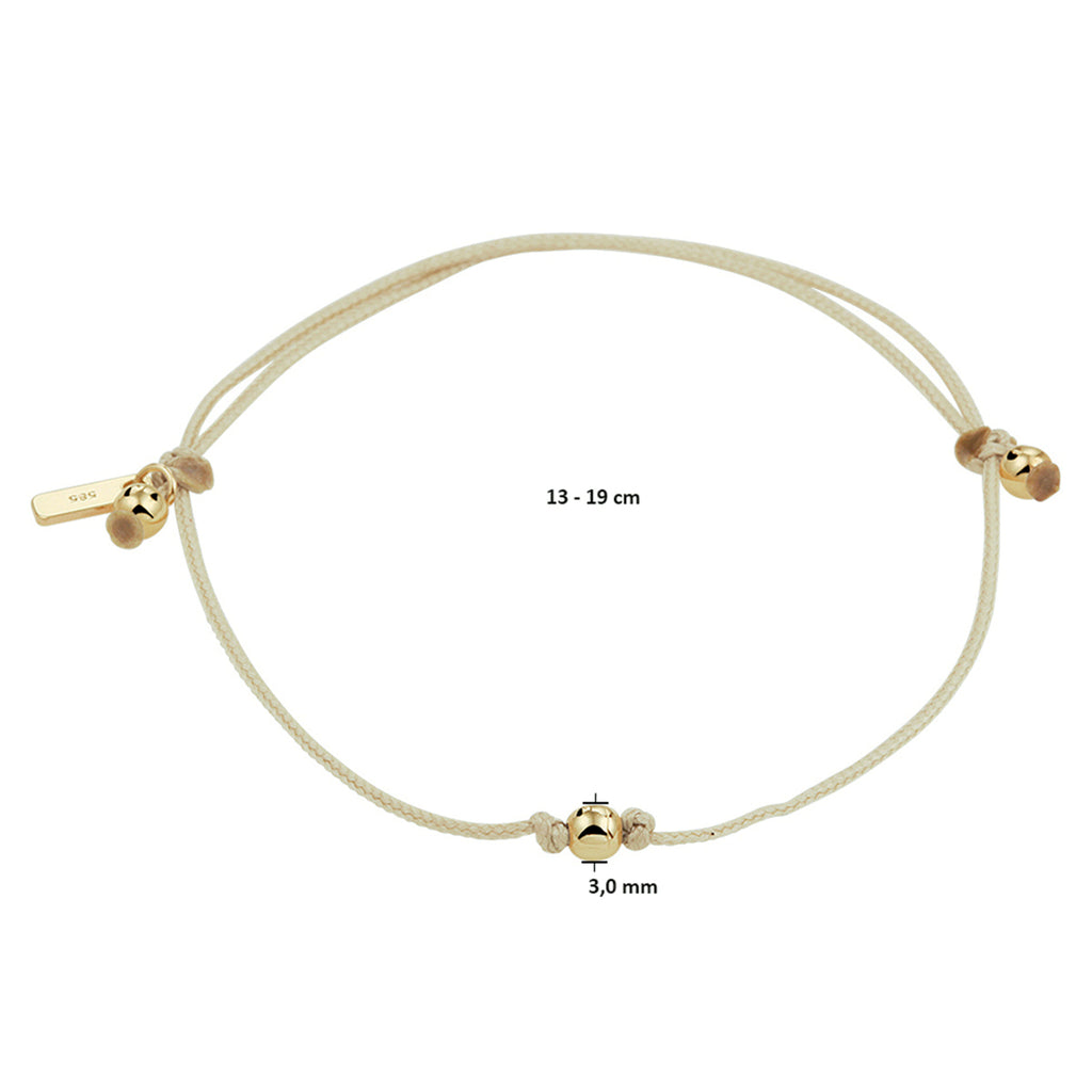Armband katoen bolletje 13 - 19 cm 14k goud met rubber/nylon/leer