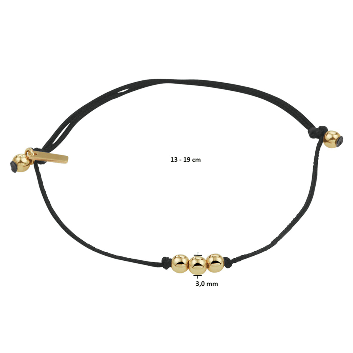 Armband katoen bolletjes 13 - 19 cm 14k goud met rubber/nylon/leer