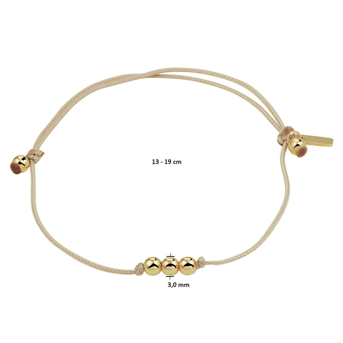 Armband katoen bolletjes 13 - 19 cm 14k goud met rubber/nylon/leer