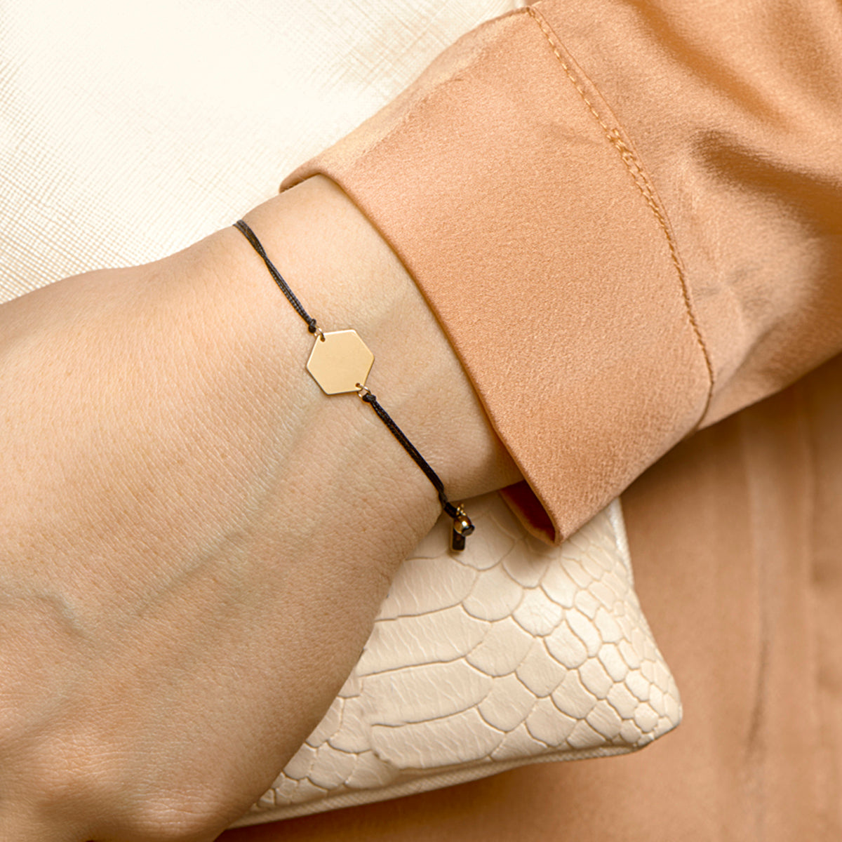 Armband katoen zeshoek 13 - 19 cm 14k goud met rubber/nylon/leer