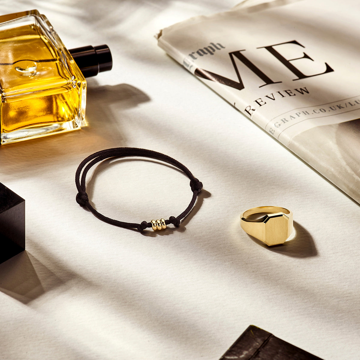 Armband satijn (heren lengte) 14k goud met rubber/nylon/leer