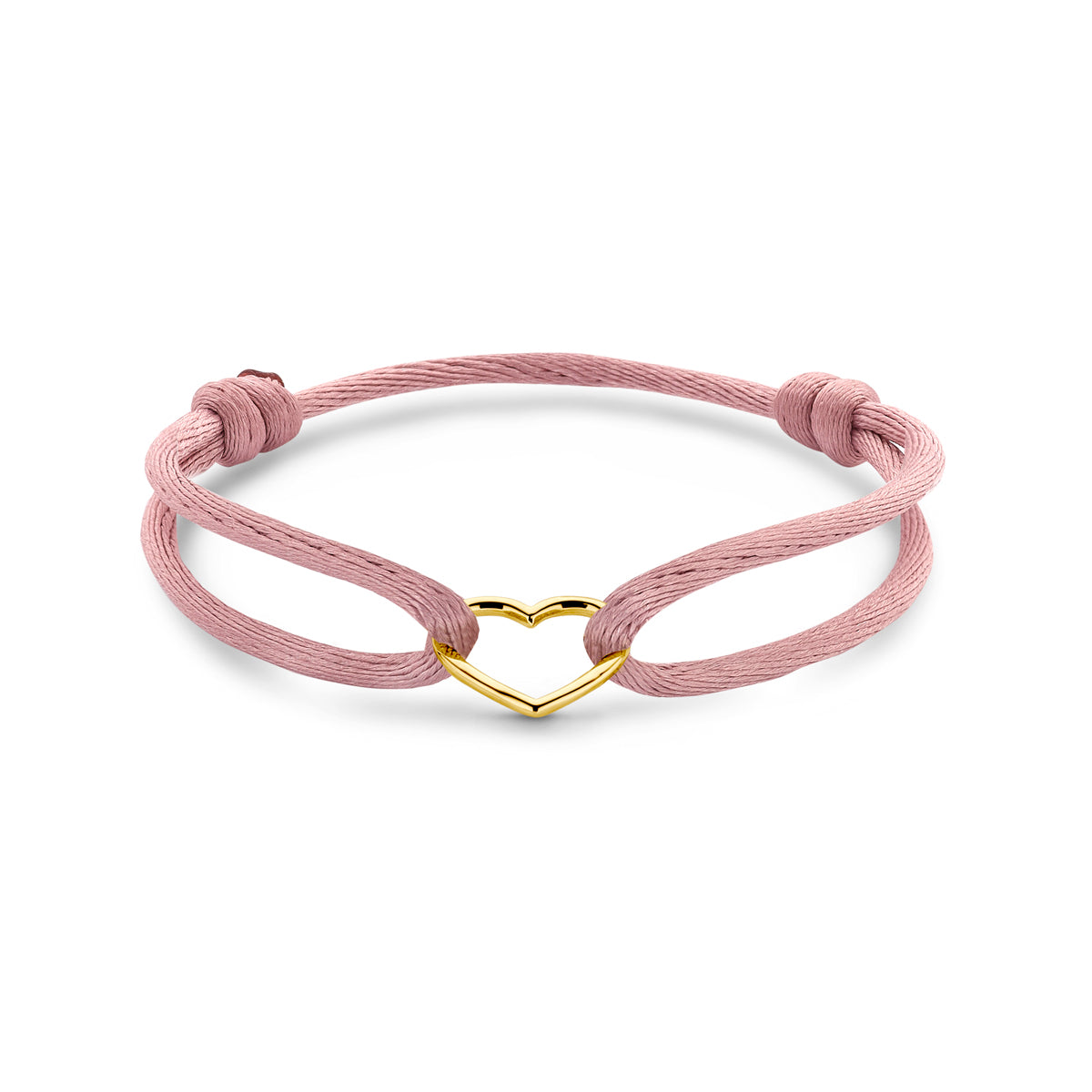 Armband satijn zacht roze hart 13 - 26 cm 14k goud met rubber/nylon/leer
