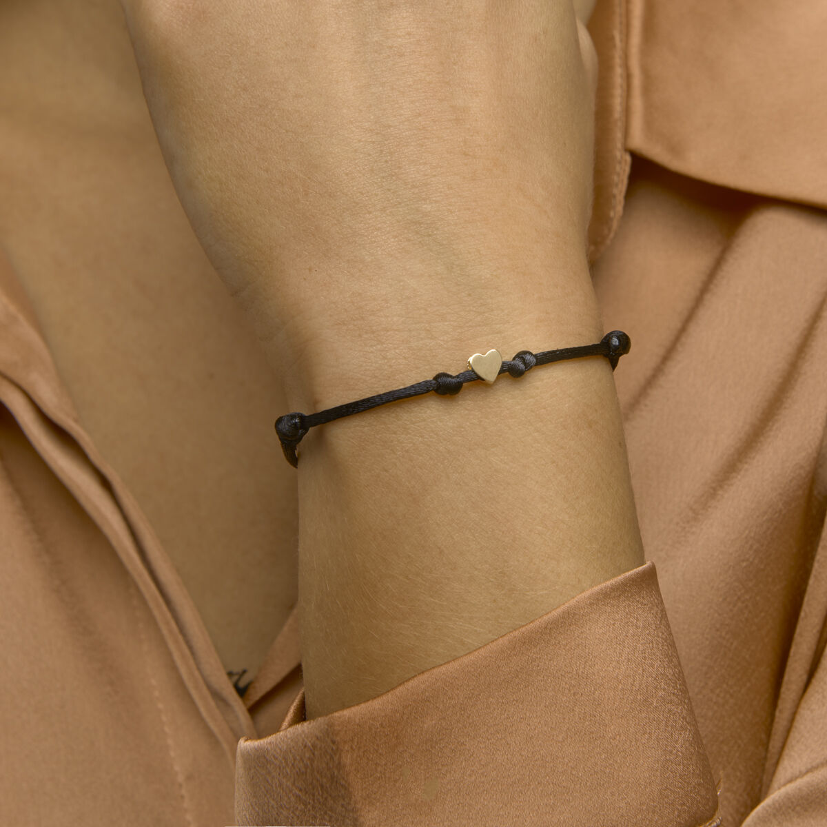 Armband Satin schwarz Herz 13 - 26 cm 14K Gold mit Gummi/Nylon/Leder