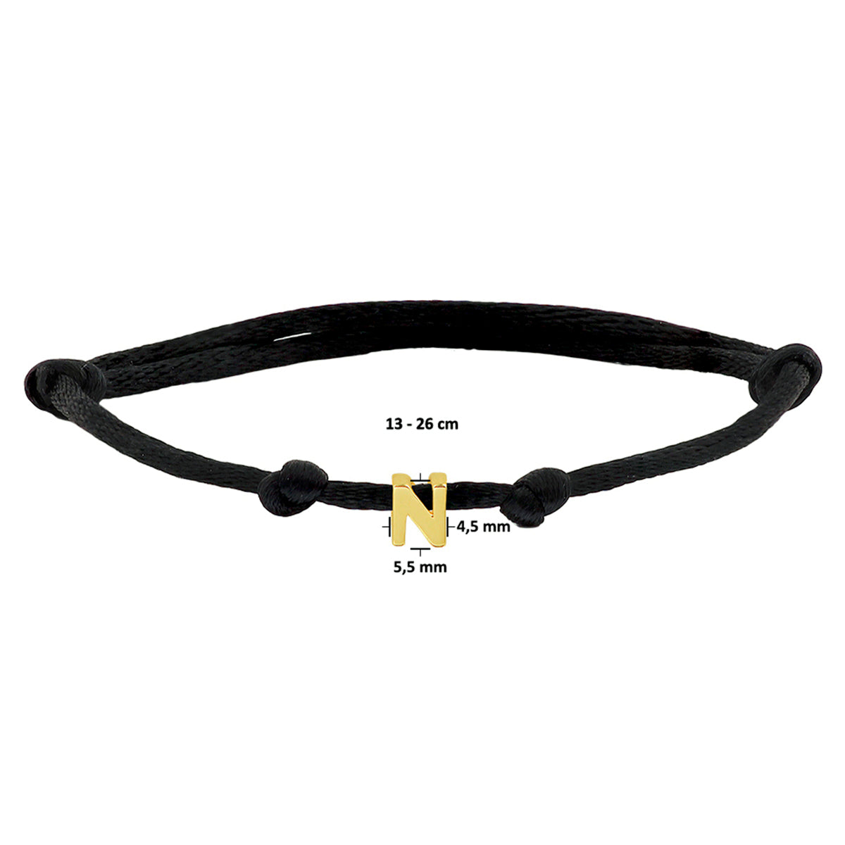 Armband Satin schwarz Buchstabe 13 - 26 cm 14K Gold mit Gummi/Nylon/Leder